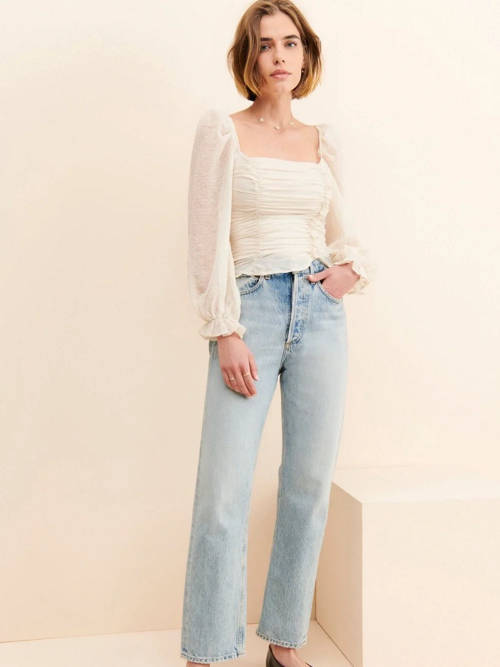 ASTR The Label Tonina Ruched Blouse Cream XS Puff Sleeve Square Neck Top
